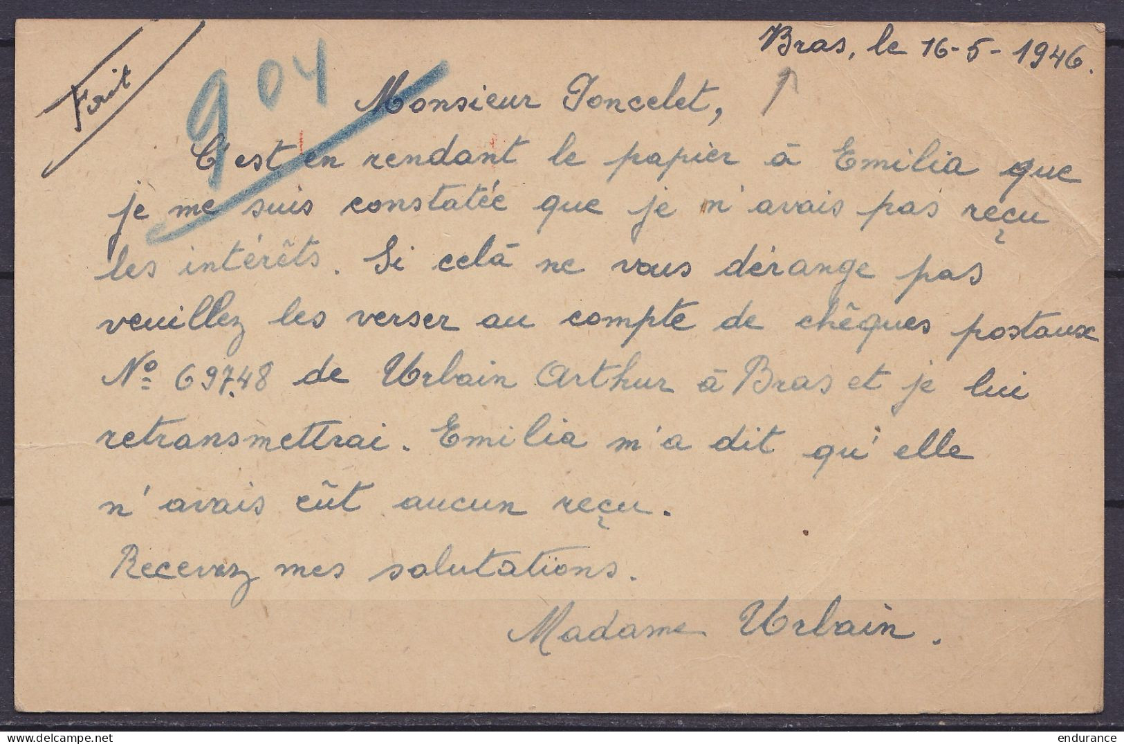 EP CP Lion Héraldique 50c Vert + 25c De BRAS Càd Relais *SEVISCOURT* /16 V 1946 Pour ST-HUBERT - Postkarten 1934-1951