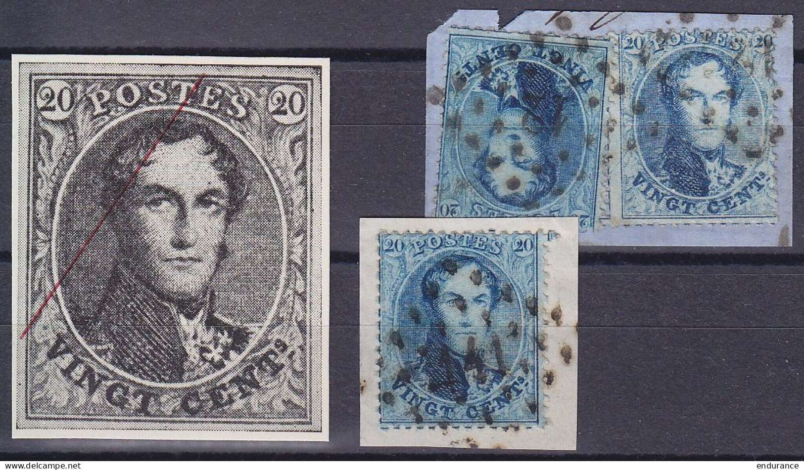 Belgique - Lot De 3 N°15 - 20c Bleu Médaillon Avec Griffe Oblique Traversant Les Cheveux (pos 227) - 1863-1864 Medallions (13/16)