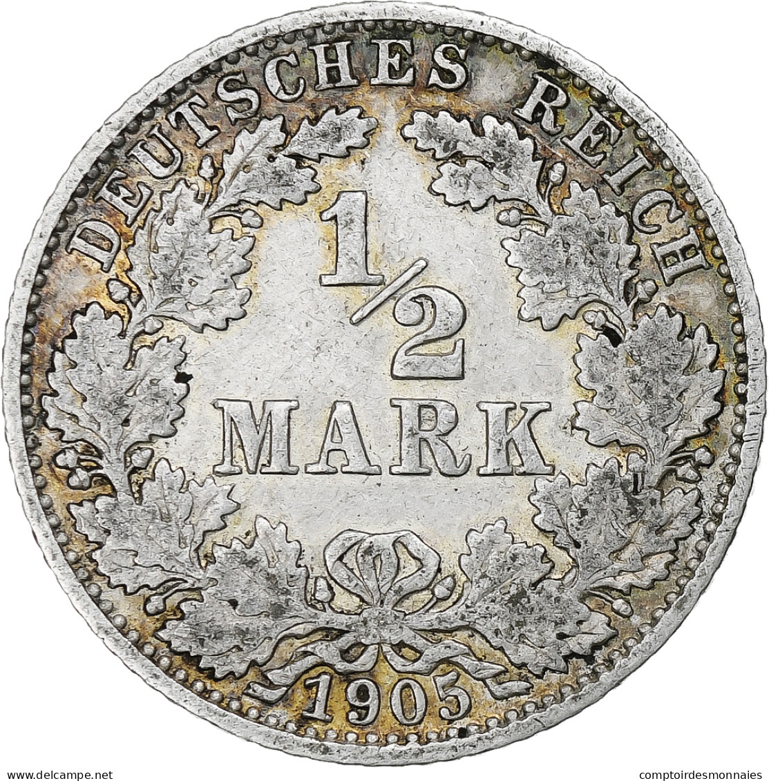 Allemagne, Wilhelm II, 1/2 Mark, 1905, Karlsruhe, Argent, TTB, KM:17 - 1/2 Mark