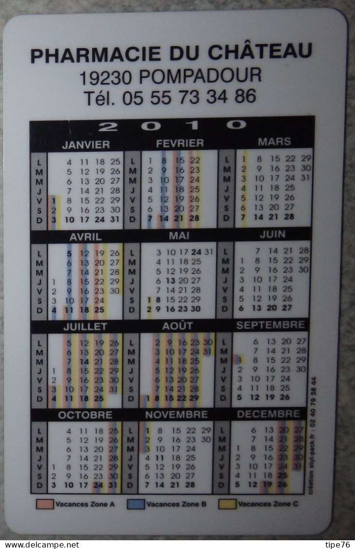 Petit Calendrier De Poche Plastifié 2010 Fleur Oeillet  Pharmacie Pompadour Corrèze - Format Carte Bleue - Tamaño Pequeño : 2001-...