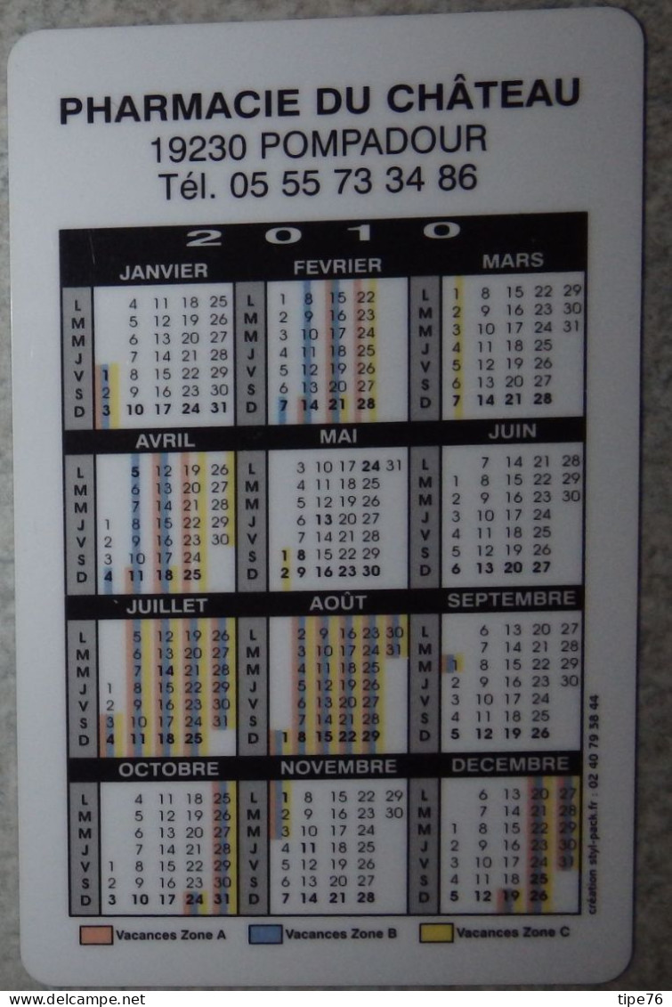 Petit Calendrier De Poche Plastifié 2010 Fruit Pomme  Pharmacie Pompadour Corrèze - Format Carte Bleue - Tamaño Pequeño : 2001-...