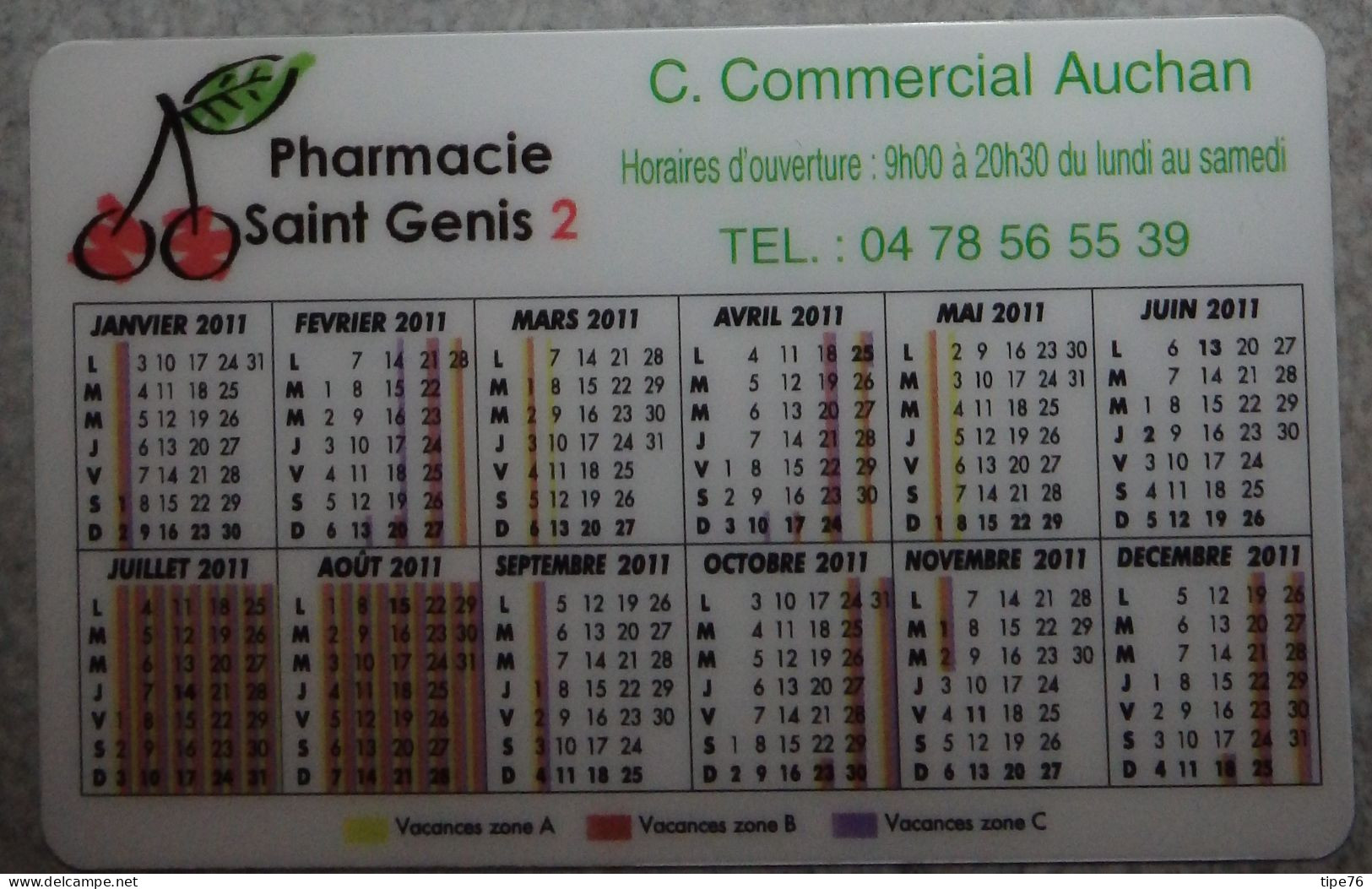 Petit Calendrier De Poche Plastifié 2011 Paysage Montagne Neige Pharmacie Saint Genis Centre Commercial Auchan - Tamaño Pequeño : 2001-...