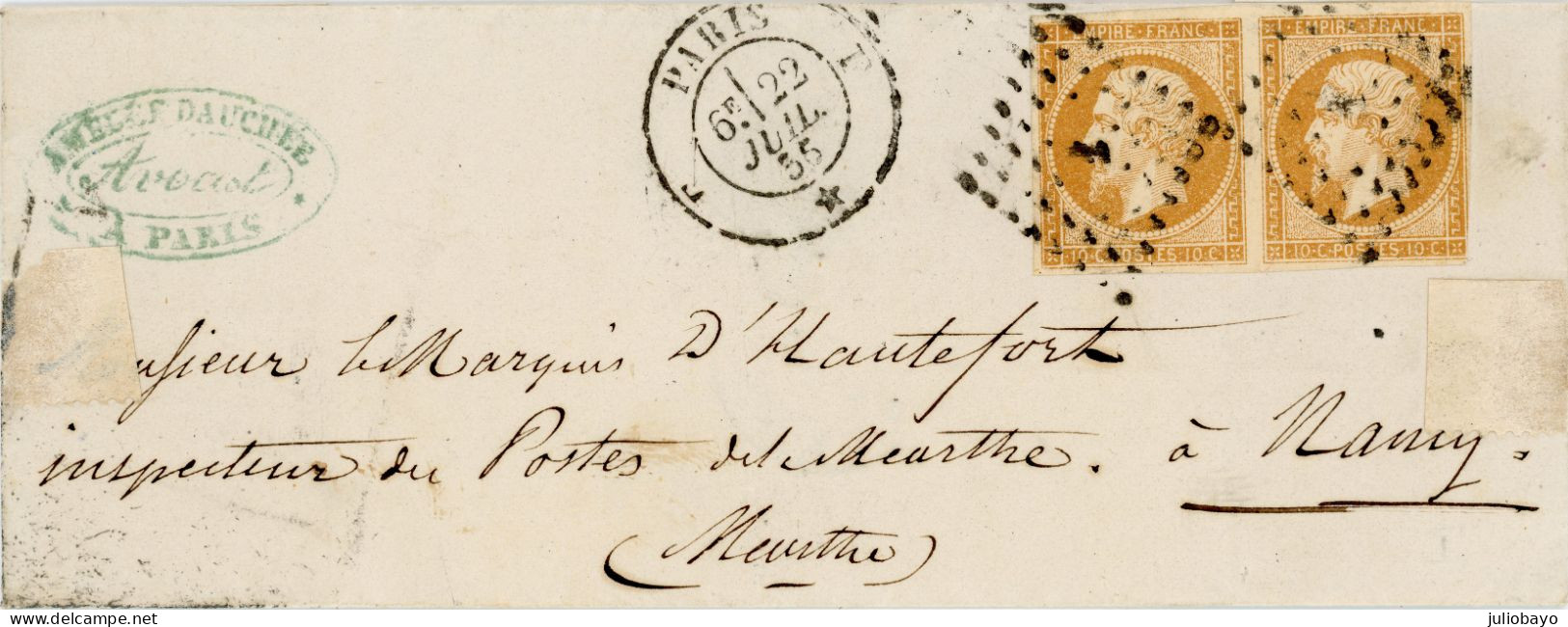 22 Juillet 1856 L.S.C.(ou Grand Fragment) Paire N°13A Losange F Paris Vers Nancy MEURTHE - 1849-1876: Classic Period