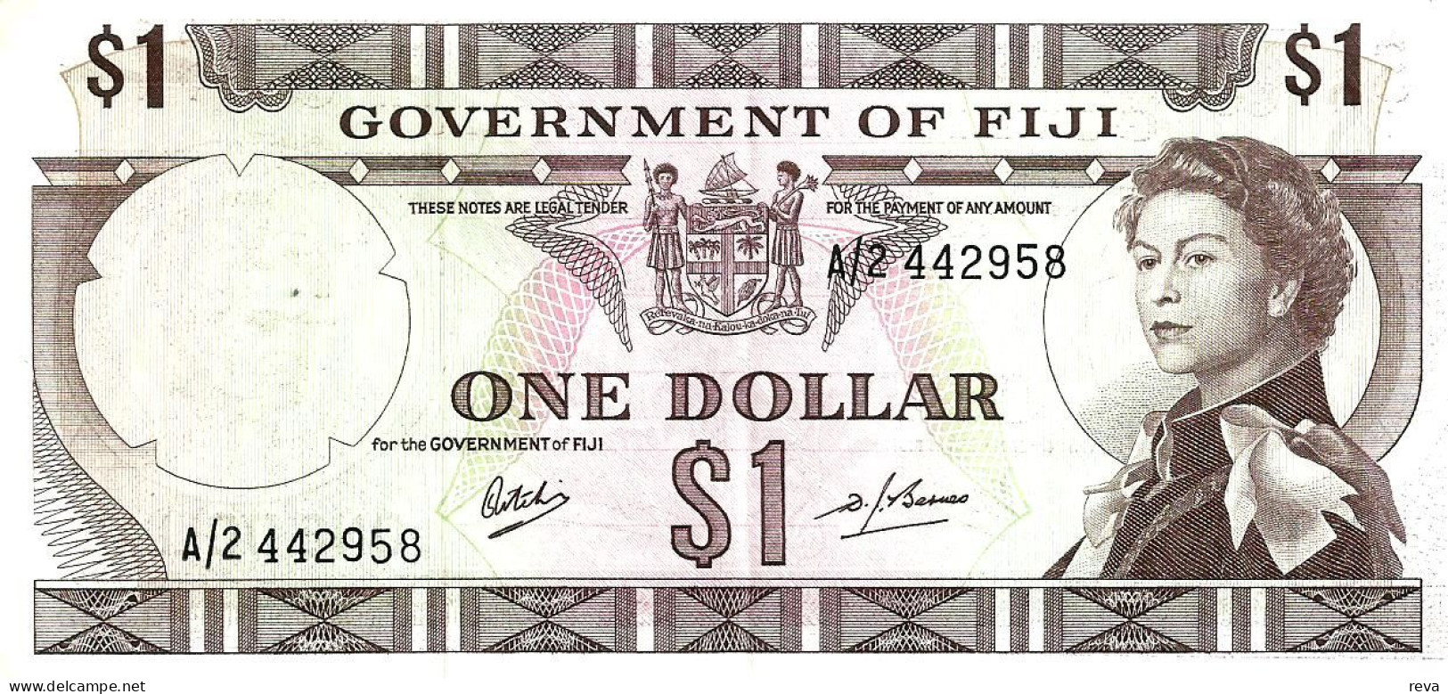 FIJI $1 BROWN NAME OF COUNTRY QEII HEAD FRONT & PALM TREES BACK ND(1968)P.59a SIG. RITCHIE-BARNES READ DESCRIPTION - Fidschi