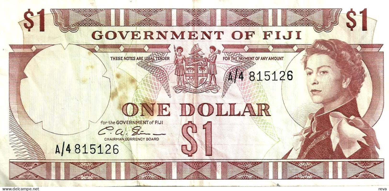 FIJI $1 BROWN NAME OF COUNTRY QEII HEAD FRONT & PALM TREES BACK ND(1968)P.59a SIG. RITCHIE-BARNES READ DESCRIPTION - Figi