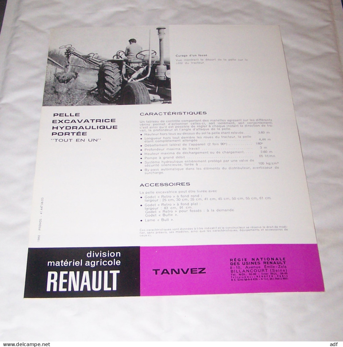 DEPLIANT PUB PUBLICITAIRE MATERIEL AGRICOLE RENAULT PELLE EXCAVATRICE TANVEZ ( TRACTEUR, TRACTEURS, MOTOCULTURE ) - Tractores