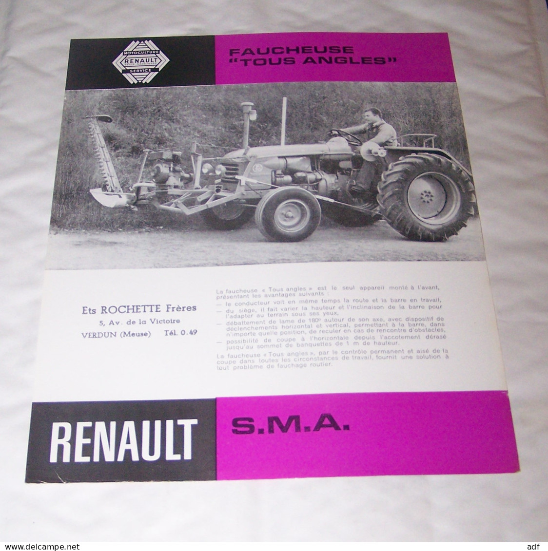 FEUILLET PUB PUBLICITAIRE MATERIEL AGRICOLE RENAULT FAUCHEUSE TOUS ANGLES S.M.A ( TRACTEUR, TRACTEURS, MOTOCULTURE ) - Tracteurs