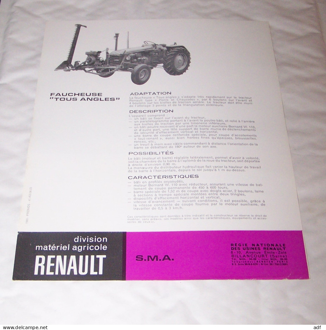 FEUILLET PUB PUBLICITAIRE MATERIEL AGRICOLE RENAULT FAUCHEUSE TOUS ANGLES S.M.A ( TRACTEUR, TRACTEURS, MOTOCULTURE ) - Trattori