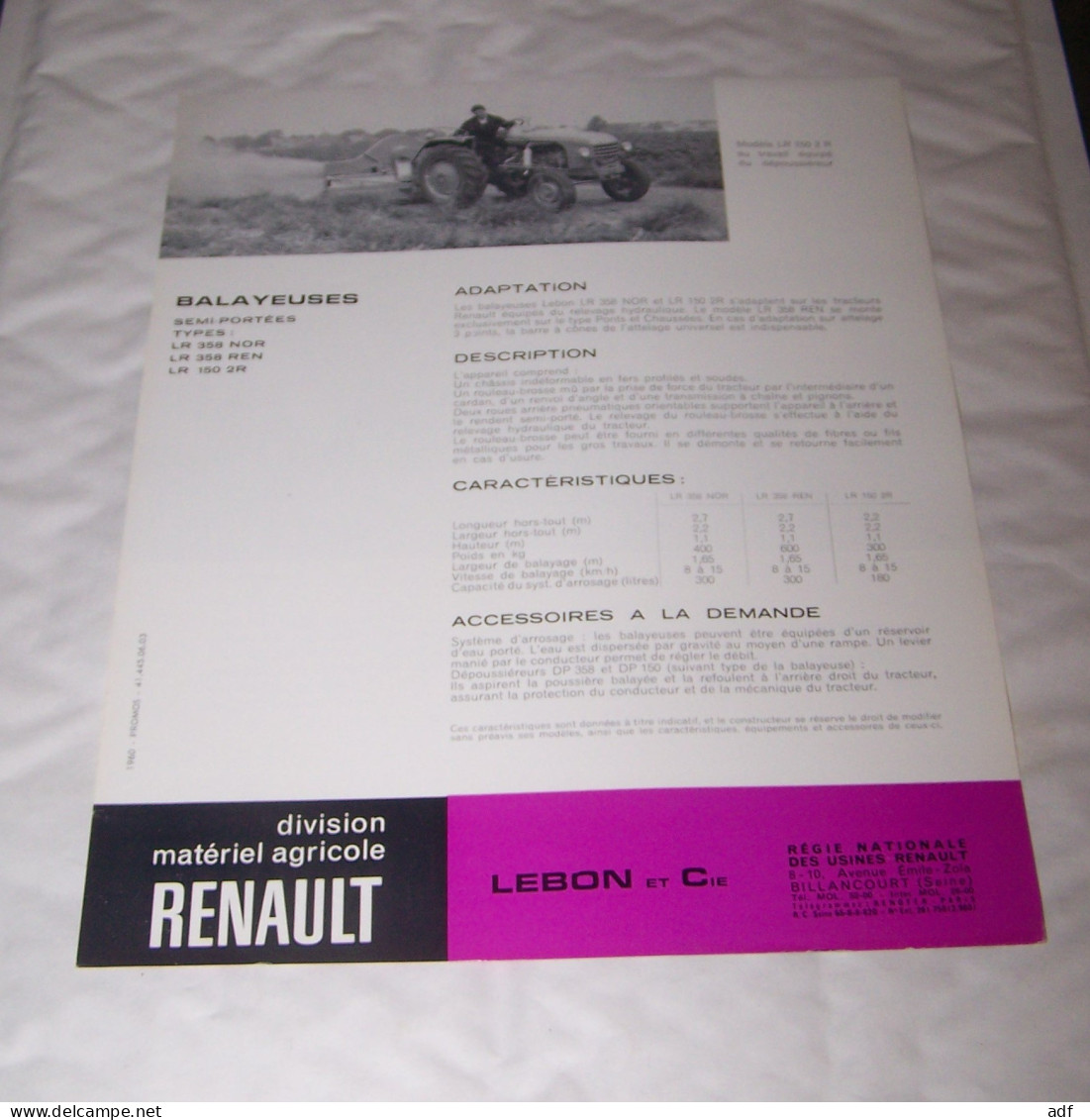 FEUILLET PUB PUBLICITAIRE MATERIEL RENAULT BALAYEUSES LEBON & CIE ( TRACTEUR, TRACTEURS, MOTOCULTURE ) - Tractors