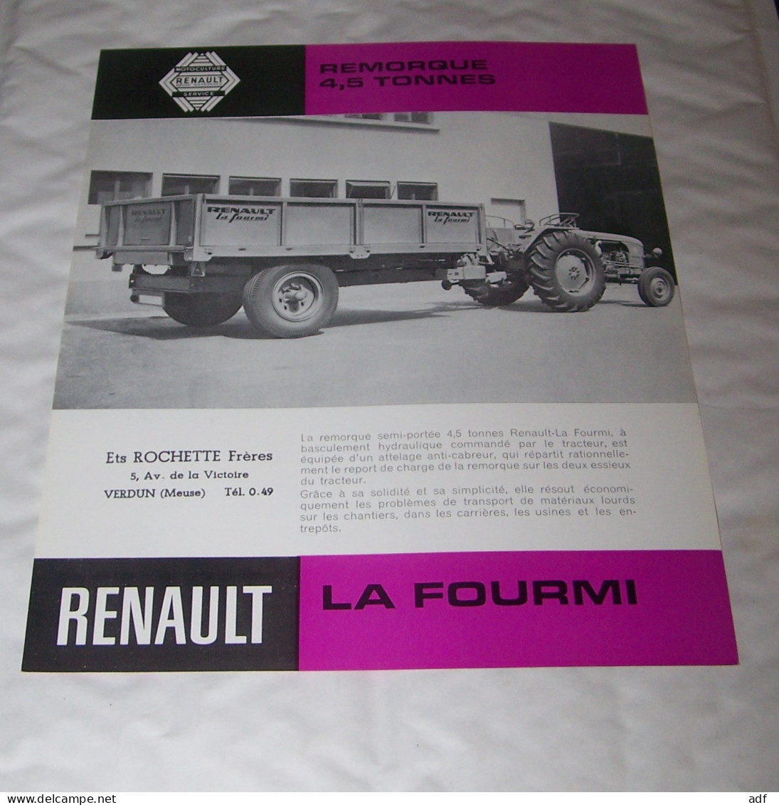 FEUILLET PUB PUBLICITAIRE MATERIEL RENAULT REMORQUE LA FOURMI ( TRACTEUR, TRACTEURS, MOTOCULTURE ) - Tracteurs