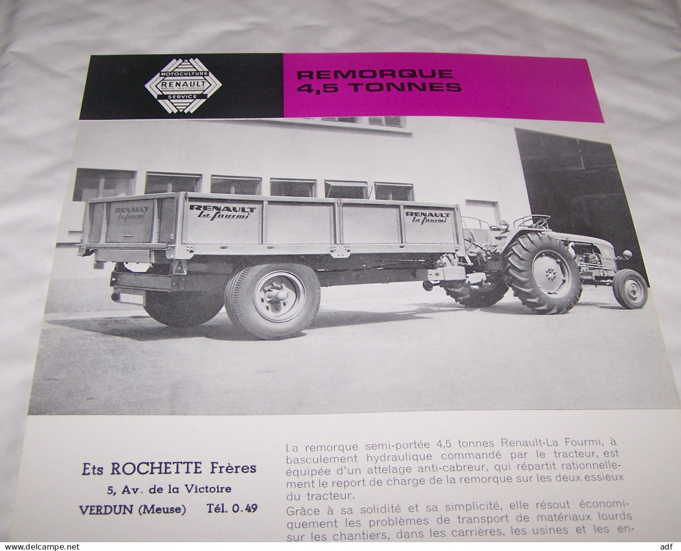 FEUILLET PUB PUBLICITAIRE MATERIEL RENAULT REMORQUE LA FOURMI ( TRACTEUR, TRACTEURS, MOTOCULTURE ) - Tractores