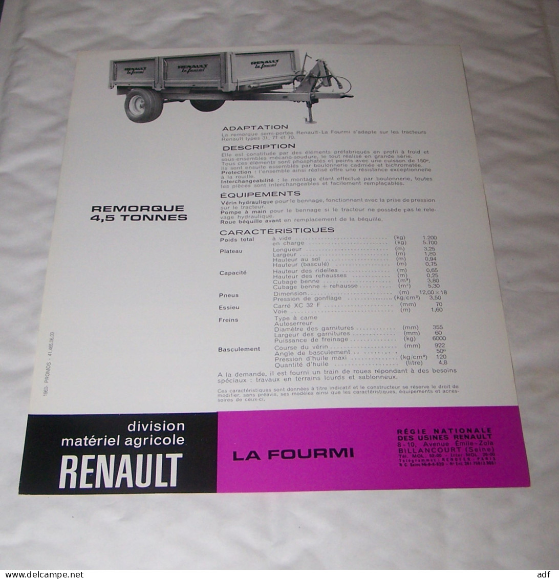 FEUILLET PUB PUBLICITAIRE MATERIEL RENAULT REMORQUE LA FOURMI ( TRACTEUR, TRACTEURS, MOTOCULTURE ) - Trattori