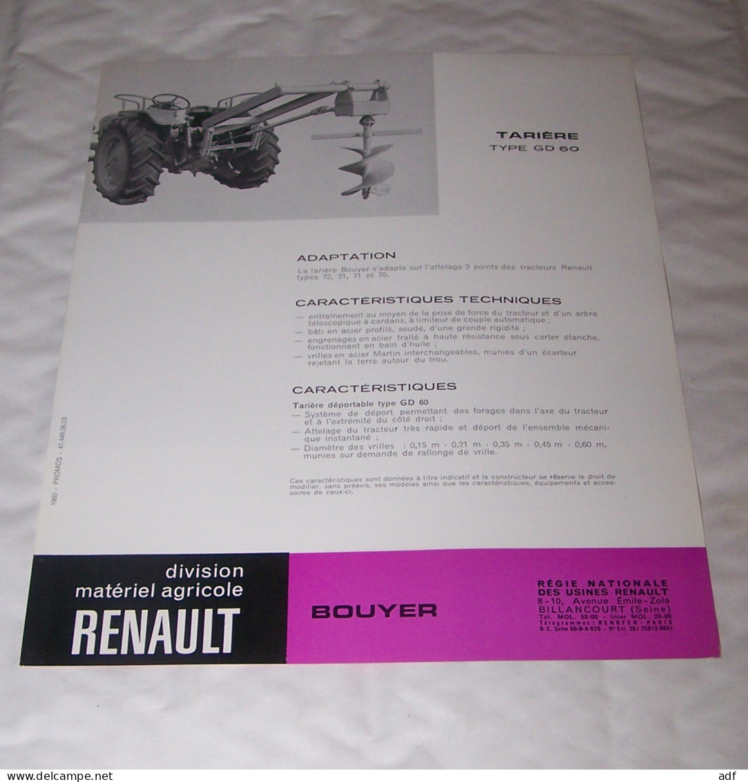 FEUILLET PUB PUBLICITAIRE MATERIEL RENAULT TARIERE BOUYER ( TRACTEUR, TRACTEURS, MOTOCULTURE ) - Tractors