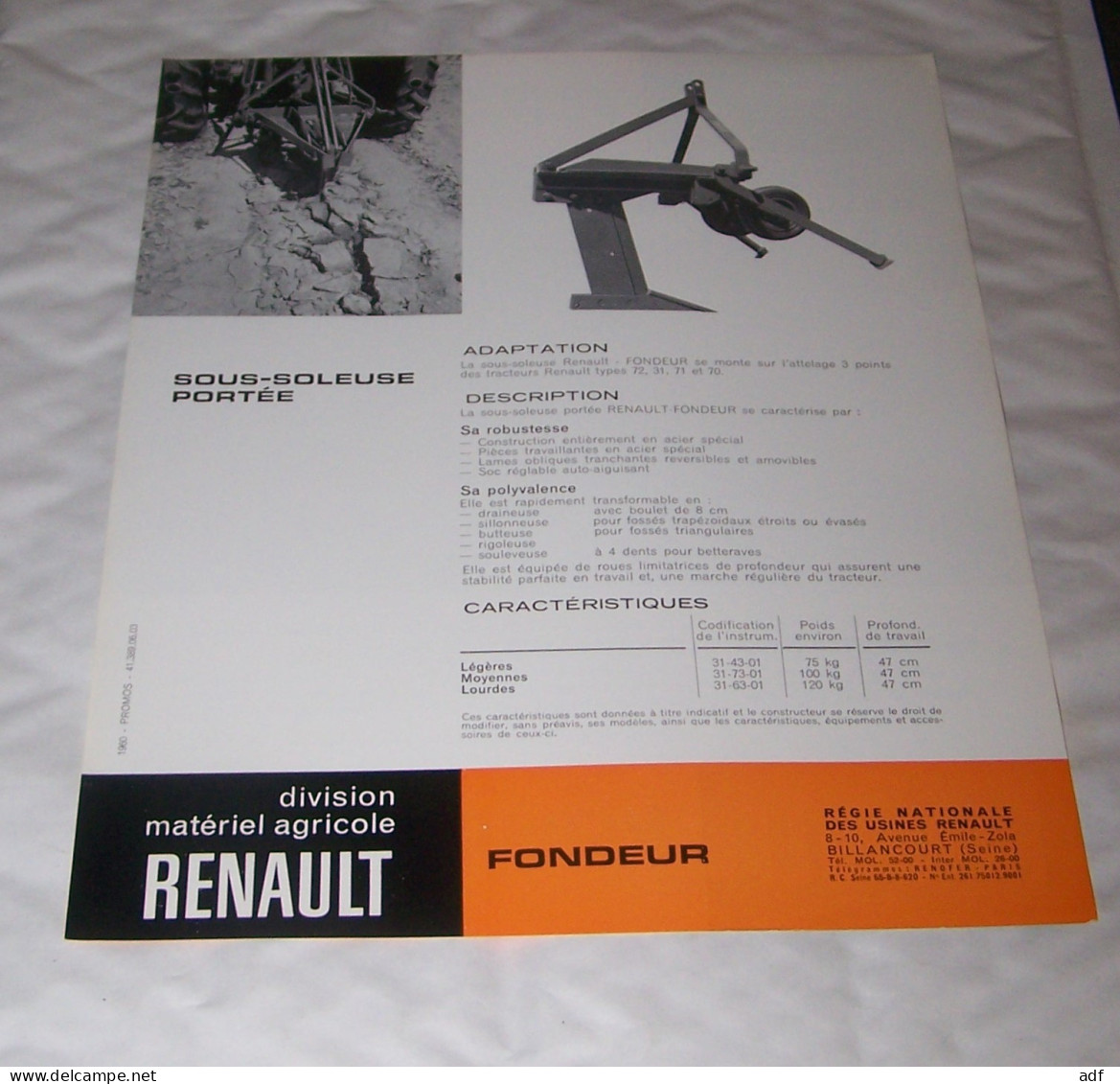 FEUILLET PUB PUBLICITAIRE MATERIEL AGRICOLE RENAULT SOUS SOLEUSE PORTEE FONDEUR, ( TRACTEUR, TRACTEURS, MOTOCULTURE ) - Trattori