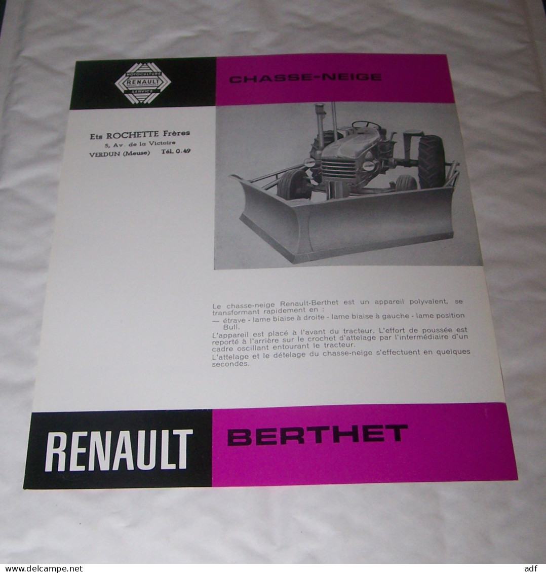 FEUILLET PUB PUBLICITAIRE MATERIEL RENAULT CHASSE NEIGE BERTHET ( TRACTEUR, TRACTEURS, MOTOCULTURE ) - Tractores