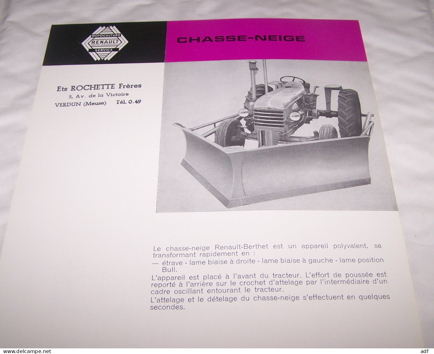 FEUILLET PUB PUBLICITAIRE MATERIEL RENAULT CHASSE NEIGE BERTHET ( TRACTEUR, TRACTEURS, MOTOCULTURE ) - Trattori