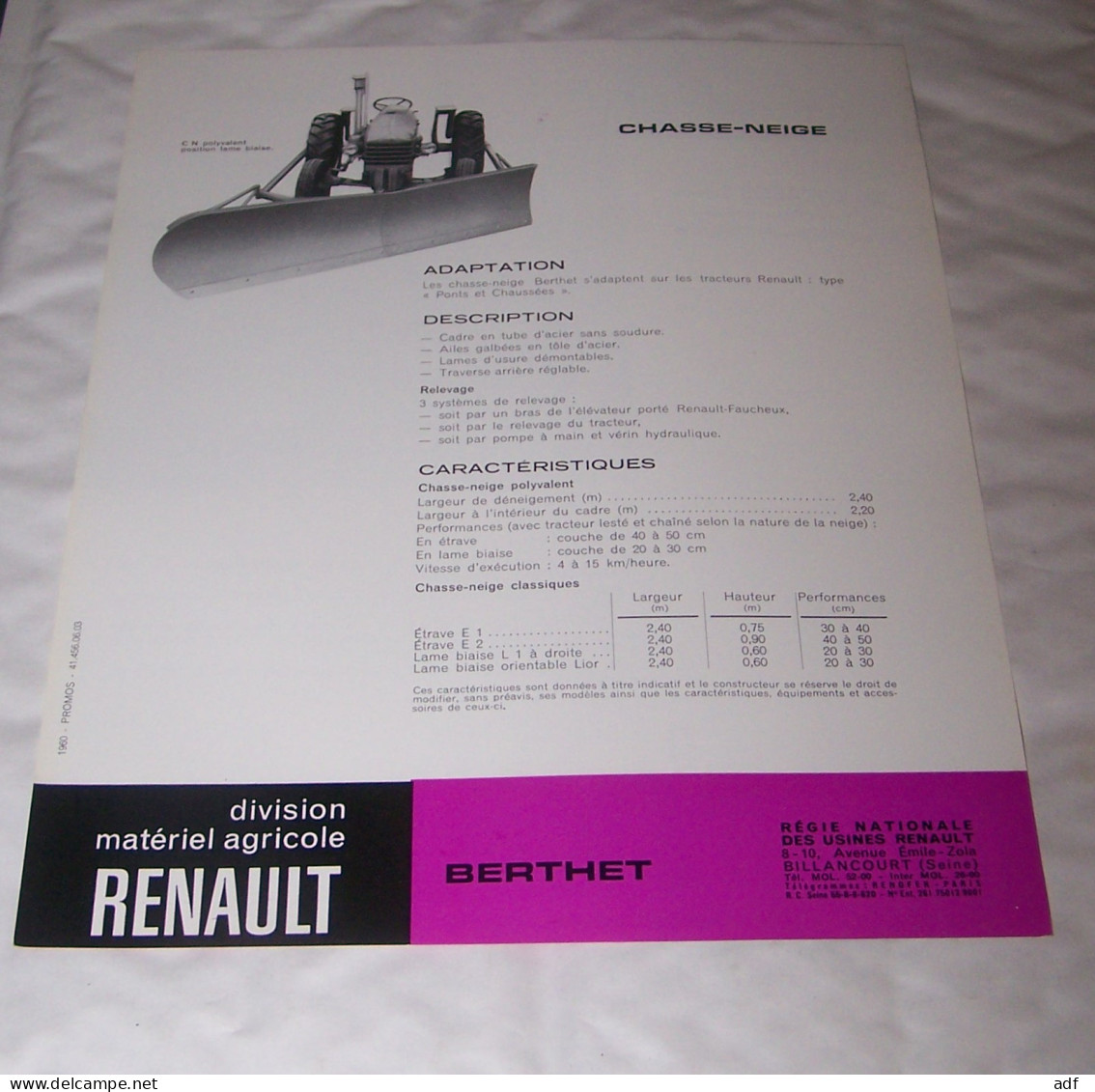 FEUILLET PUB PUBLICITAIRE MATERIEL RENAULT CHASSE NEIGE BERTHET ( TRACTEUR, TRACTEURS, MOTOCULTURE ) - Tracteurs