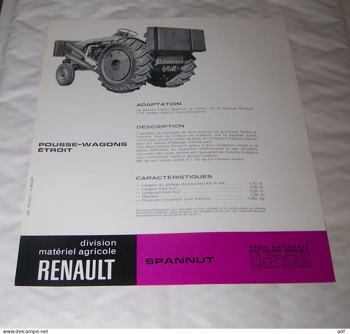 FEUILLET PUB PUBLICITAIRE MATERIEL RENAULT POUSSE WAGONS ETROIT SPANNUT ( TRACTEUR, TRACTEURS, MOTOCULTURE ) - Tracteurs