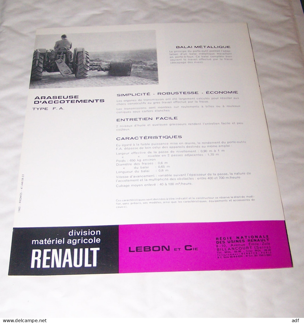 DEPLIANT PUB PUBLICITAIRE MATERIEL RENAULT ARASEUSE D'ACCOTEMENTS LEBON & CIE ( TRACTEUR, TRACTEURS, MOTOCULTURE ) - Traktoren