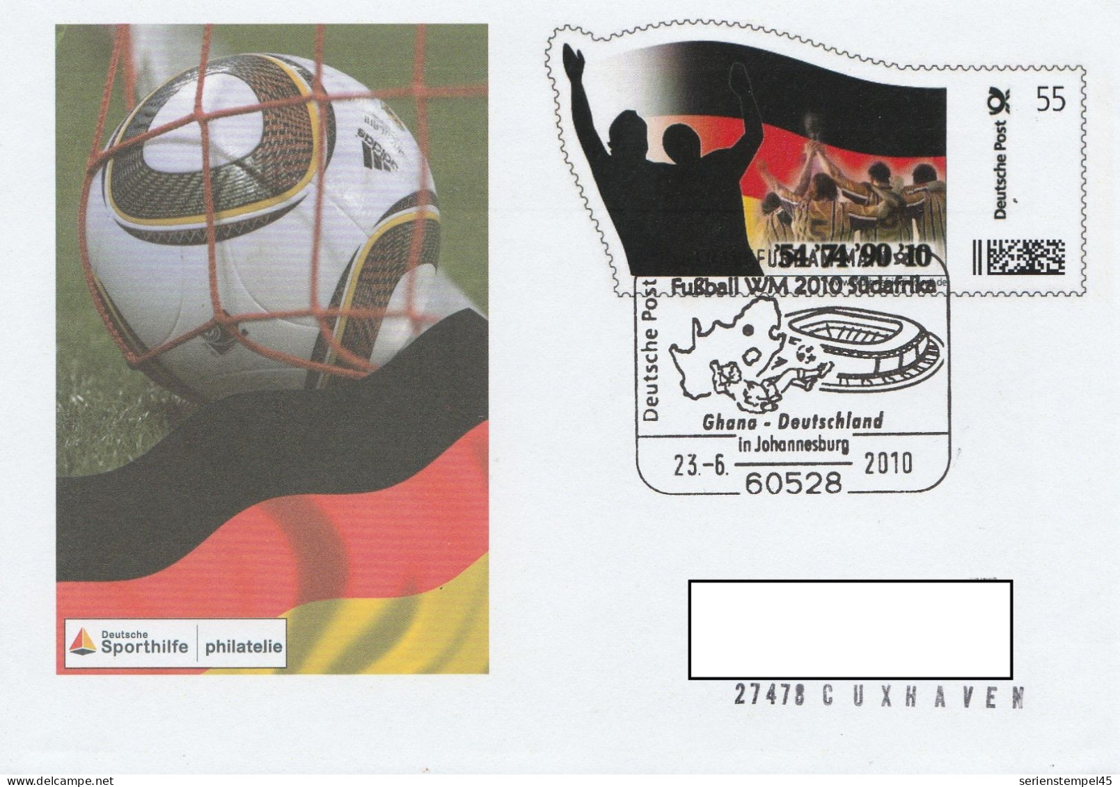 Deutschland Ganzsache Plusbrief Individuell Motiv Fussball WM 54 74 90 10 Deutsche Sporthilfe Mit Sonderstempel Ghana - Covers & Documents