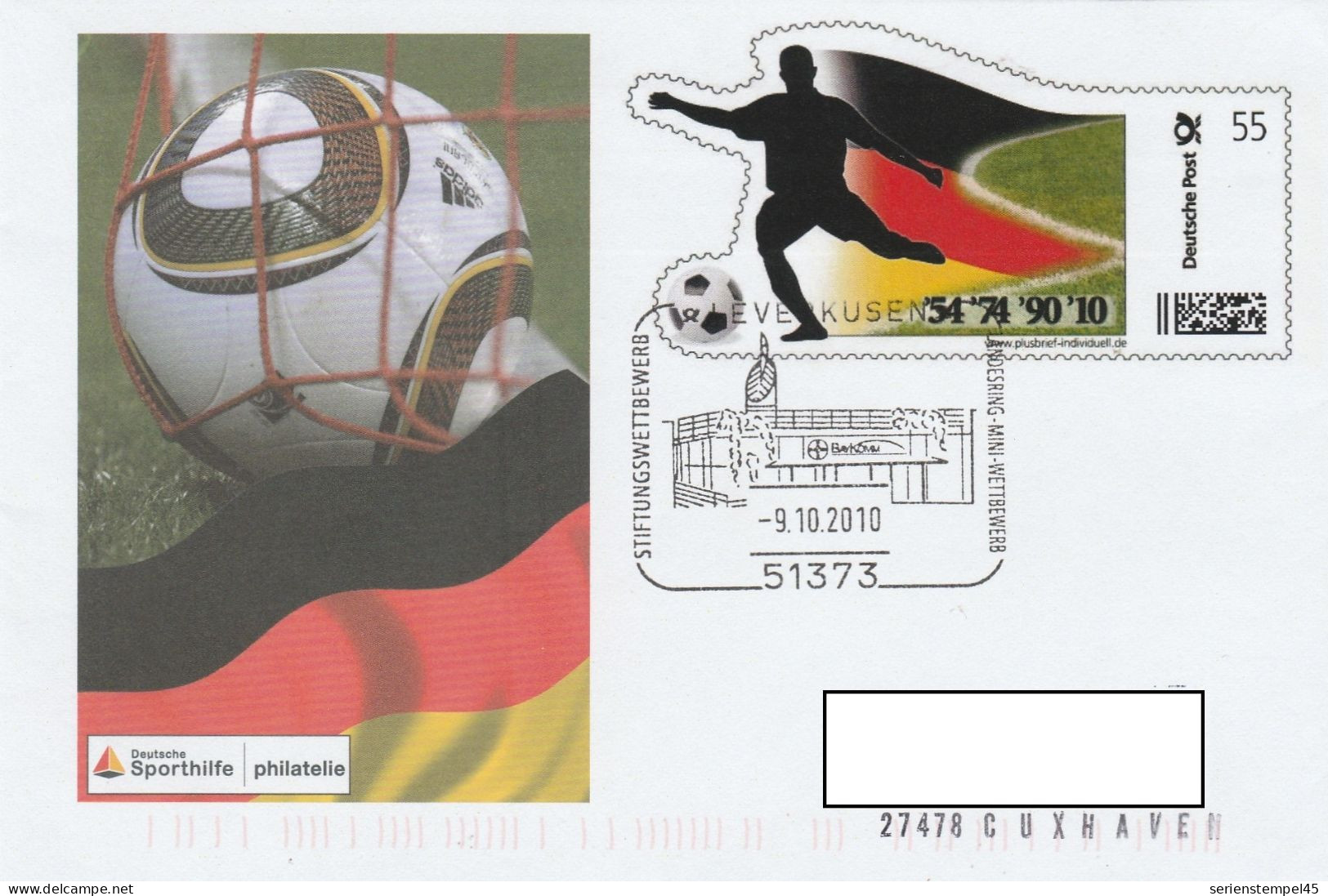 Deutschland Ganzsache Plusbrief Individuell Motiv Fussball WM 54 74 90 10 Deutsche Sporthilfe Mit Sst Leverkusen - Covers & Documents