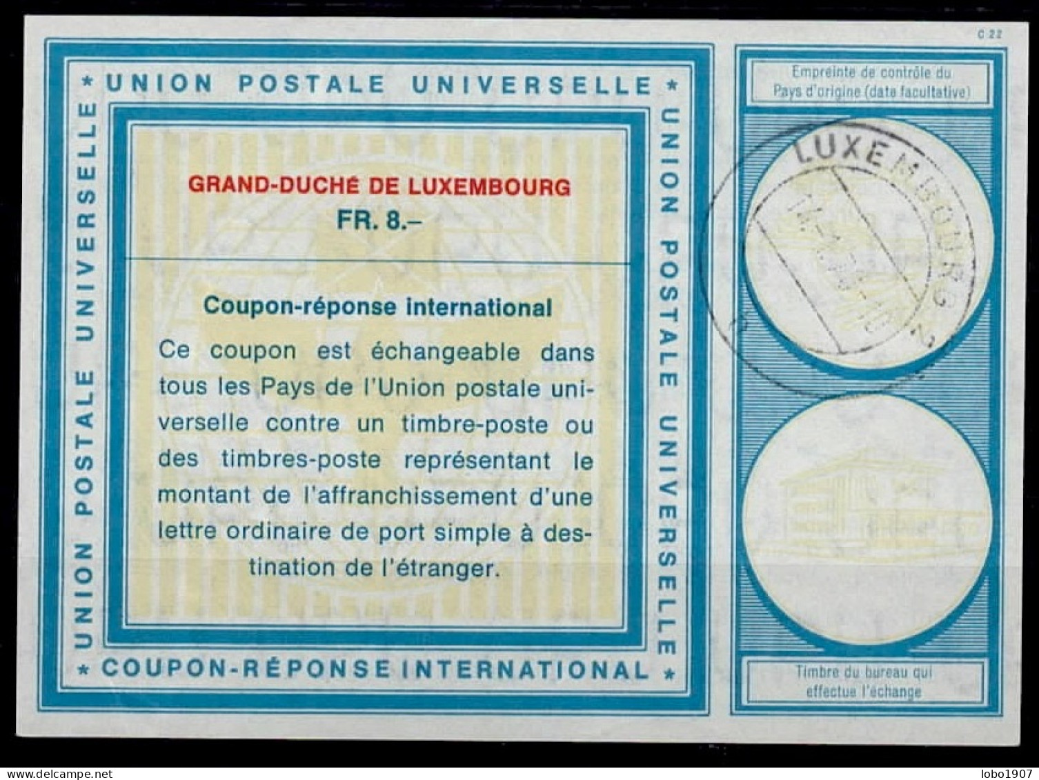 LUXEMBOURG Vi19  FR. 8.-- International Reply Coupon Reponse Antwortschein IRC IAS Cupón Respuesta   O LUX. 14.01.70 - Stamped Stationery
