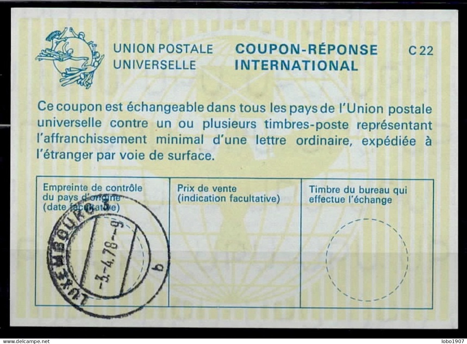 LUXEMBOURG  La22 ( 16 Fr. )  International Reply Coupon Reponse Antwortschein IRC IAS Cupón Respuesta  LUX. 03.04.78 - Interi Postali