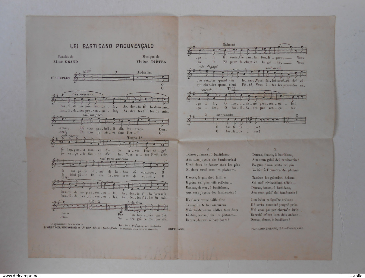 CHANSON PROVENCALE "LEI BASTIDANO PROUVENCALO" PAROLE DE A. GRAND ET MUSIQUE DE V. PIETRA - Partitions Musicales Anciennes