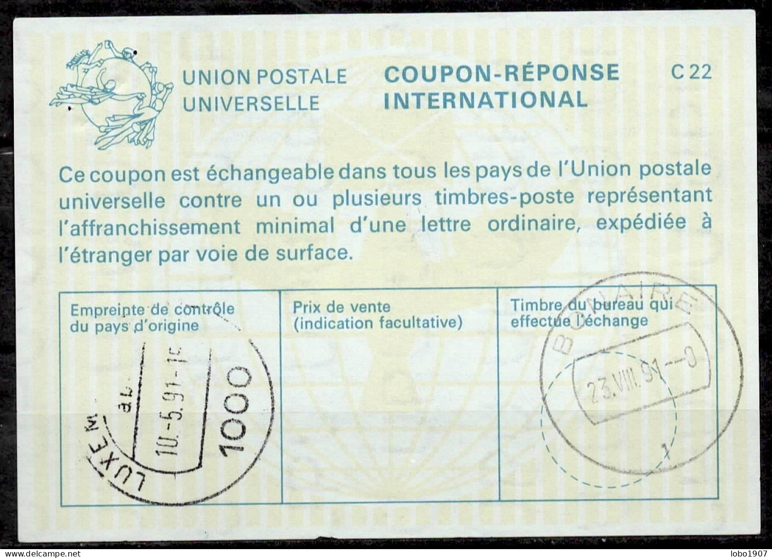 LUXEMBOURG  La25 ( 35 Fr. )  International Reply Coupon Reponse Antwortschein IRC IAS O LUX. 10.05.91 / Redeemed BONAIRE - Stamped Stationery