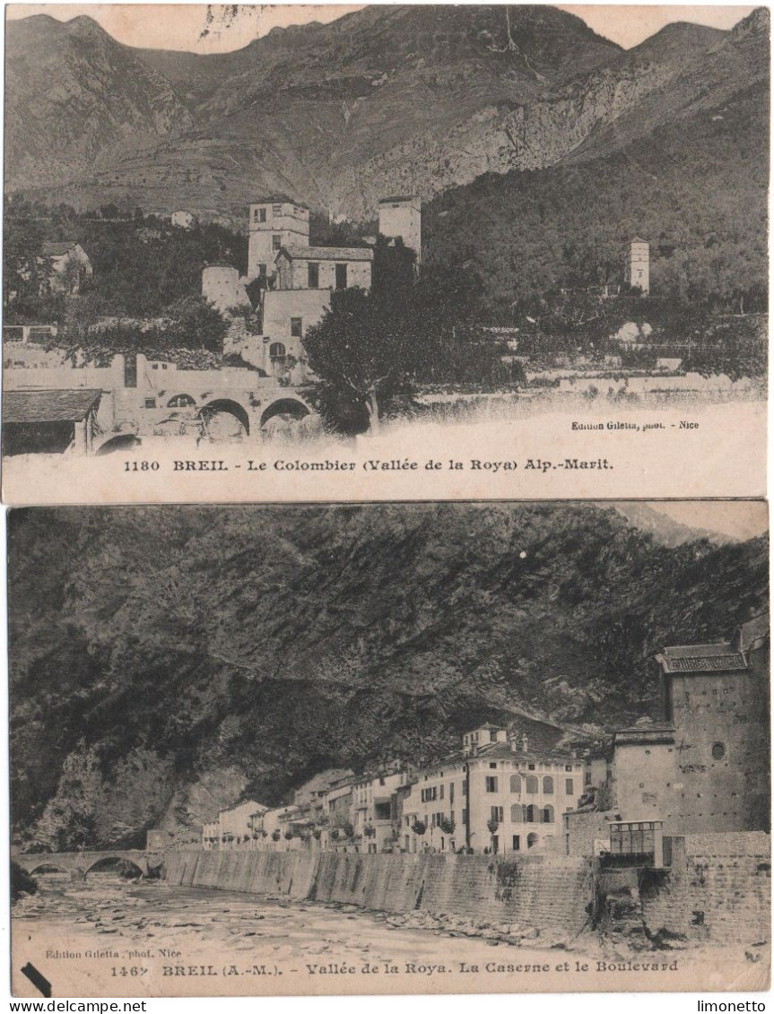 06-  BREIL -  2 Cartes ( "Le Colombier- La Caserne Et Vue ) N° 1180-1462  Ed  Giletta     CPA - Breil-sur-Roya