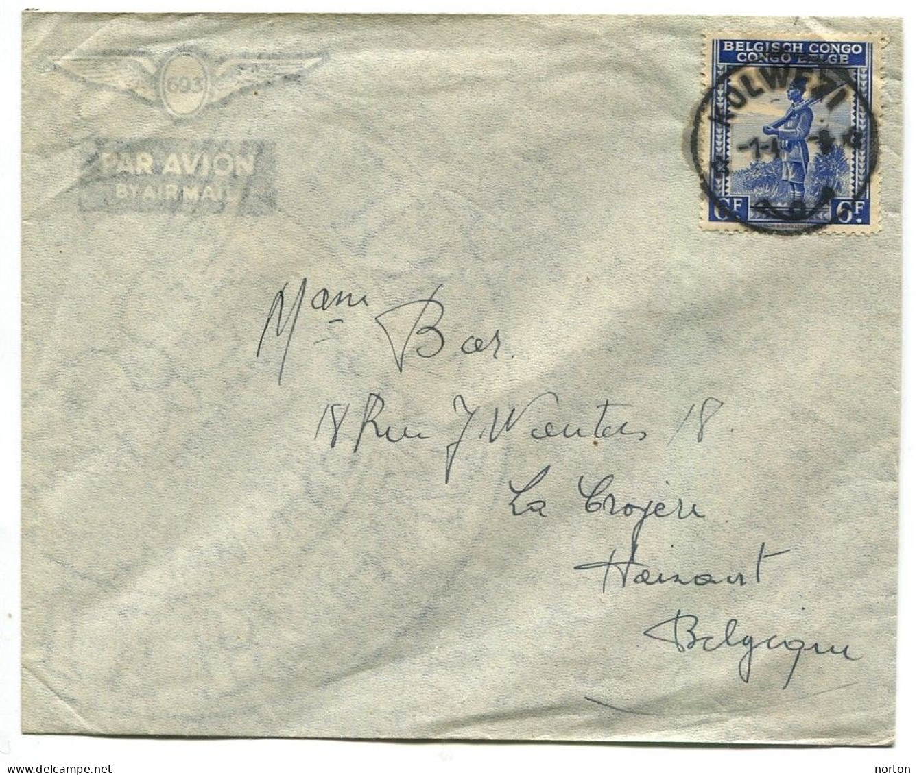 Congo Kolwezi Oblit. Keach 8A1 Sur C.O.B. 244 Sur Lettre Vers La Croyère Via Elisabethville Le 01/04/1947 - Covers & Documents