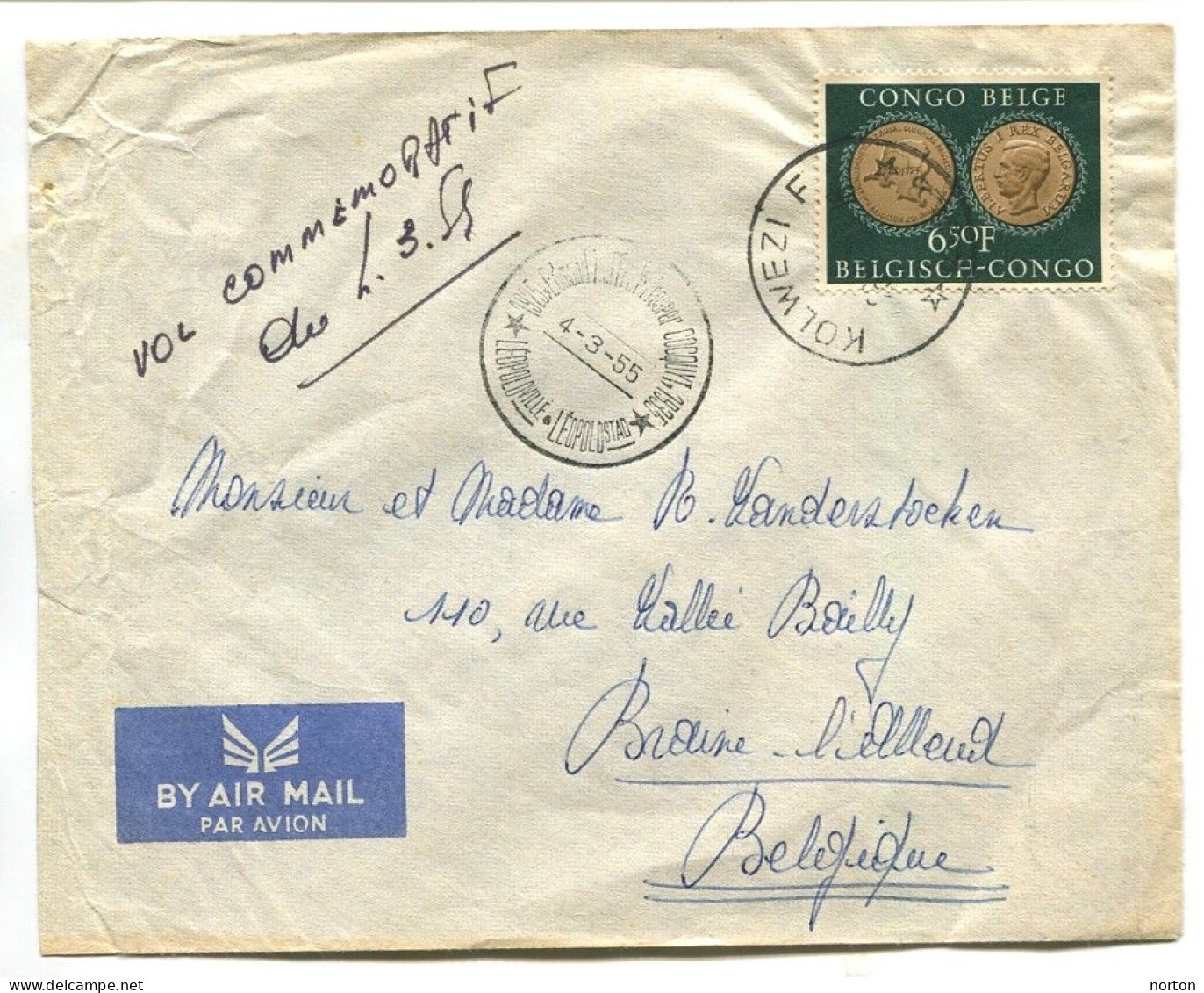 Congo Kolwezi Oblit. Keach 10(F) Sur C.O.B. 328 Sur Lettre ( Vol Commémoratif Thiefry Du 04/03/1935 ) - Brieven En Documenten