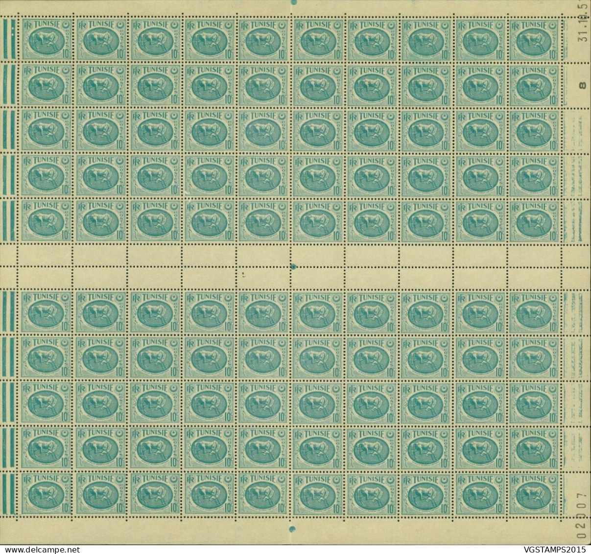 Tunisie 1951- Colonie Française- Timbres Neufs. Yvert Nr.: 337 A. Feuille De 100 +Interpanneaux+Coin Daté (EB) AR-02340 - Neufs