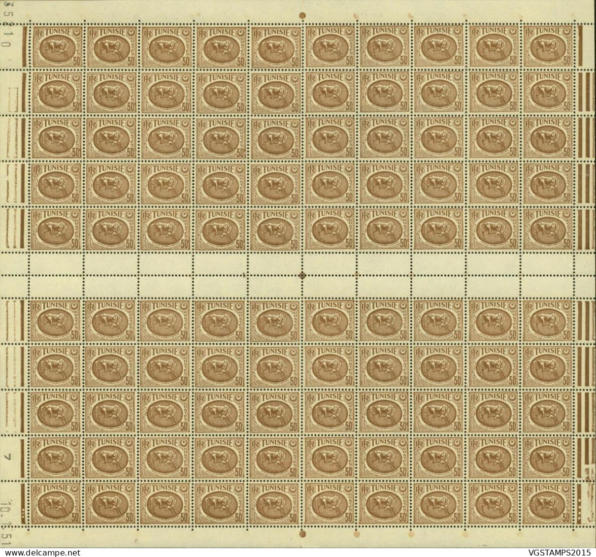 Tunisie 1951- Colonie Française- Timbres Neufs. Yvert Nr.: 338. Feuille De 100 +Interpanneaux+Coin Daté (EB) AR-02341 - Nuovi