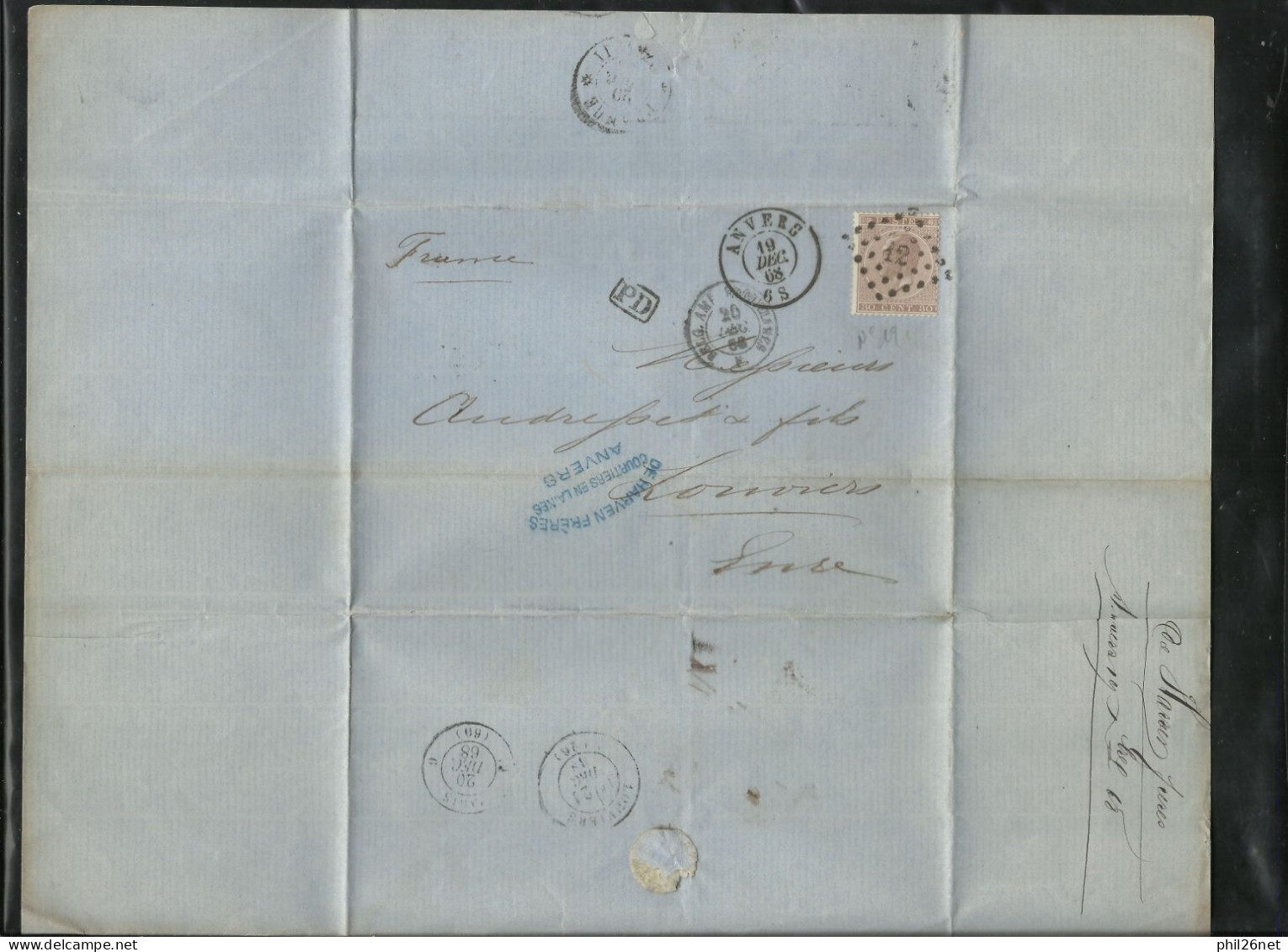 Belgique Lettre TB De Harven Frères Courtiers En Laine Anvers19/12/1868 Pour Louviers 21/12 Via Paris 20/12 Le N° 19 TB - 1863-1864 Medallions (13/16)