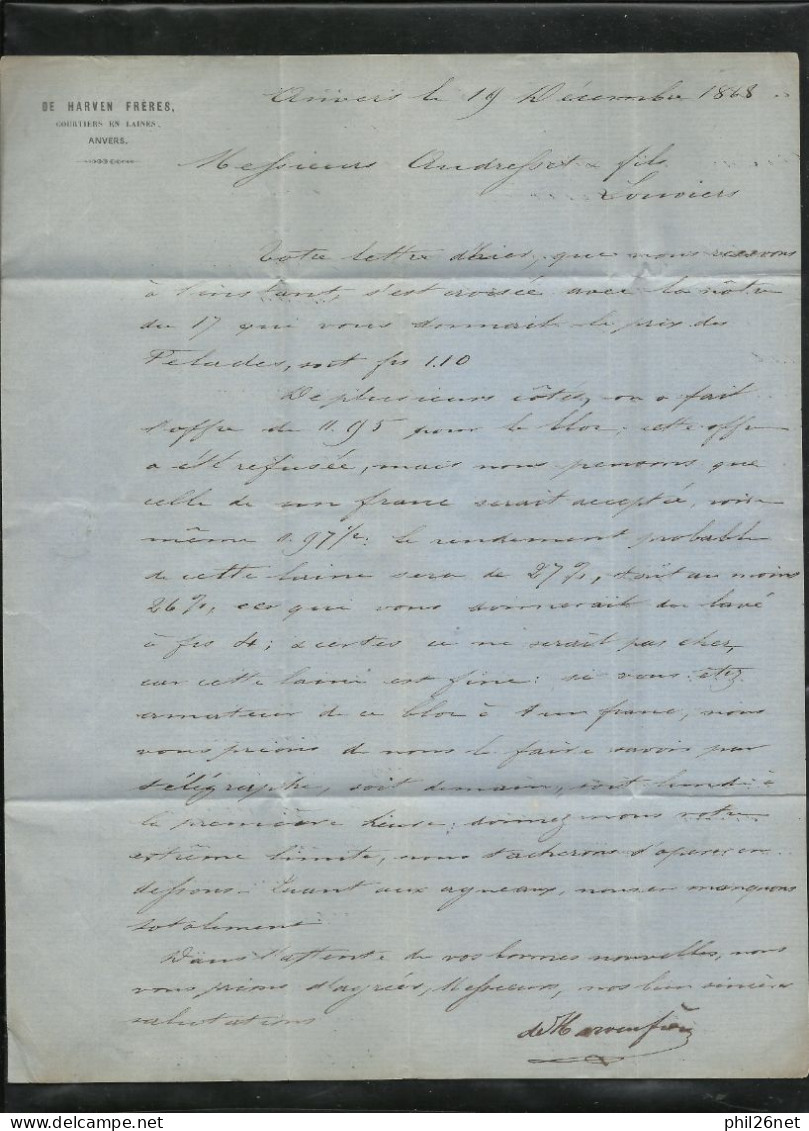 Belgique Lettre TB De Harven Frères Courtiers En Laine Anvers19/12/1868 Pour Louviers 21/12 Via Paris 20/12 Le N° 19 TB - 1863-1864 Medaillen (13/16)