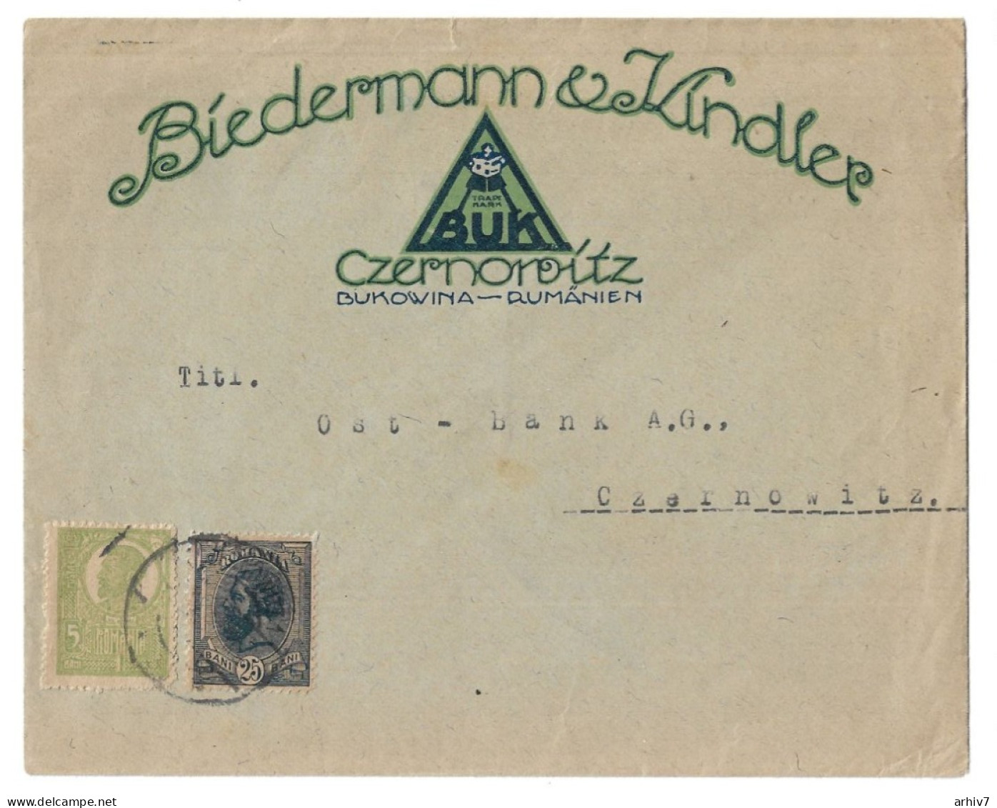 Postal Envelope,Czernowitz,Bukovina,Ost Bank A.G,Advertising,Biedermann,BUK,Romania - Usado