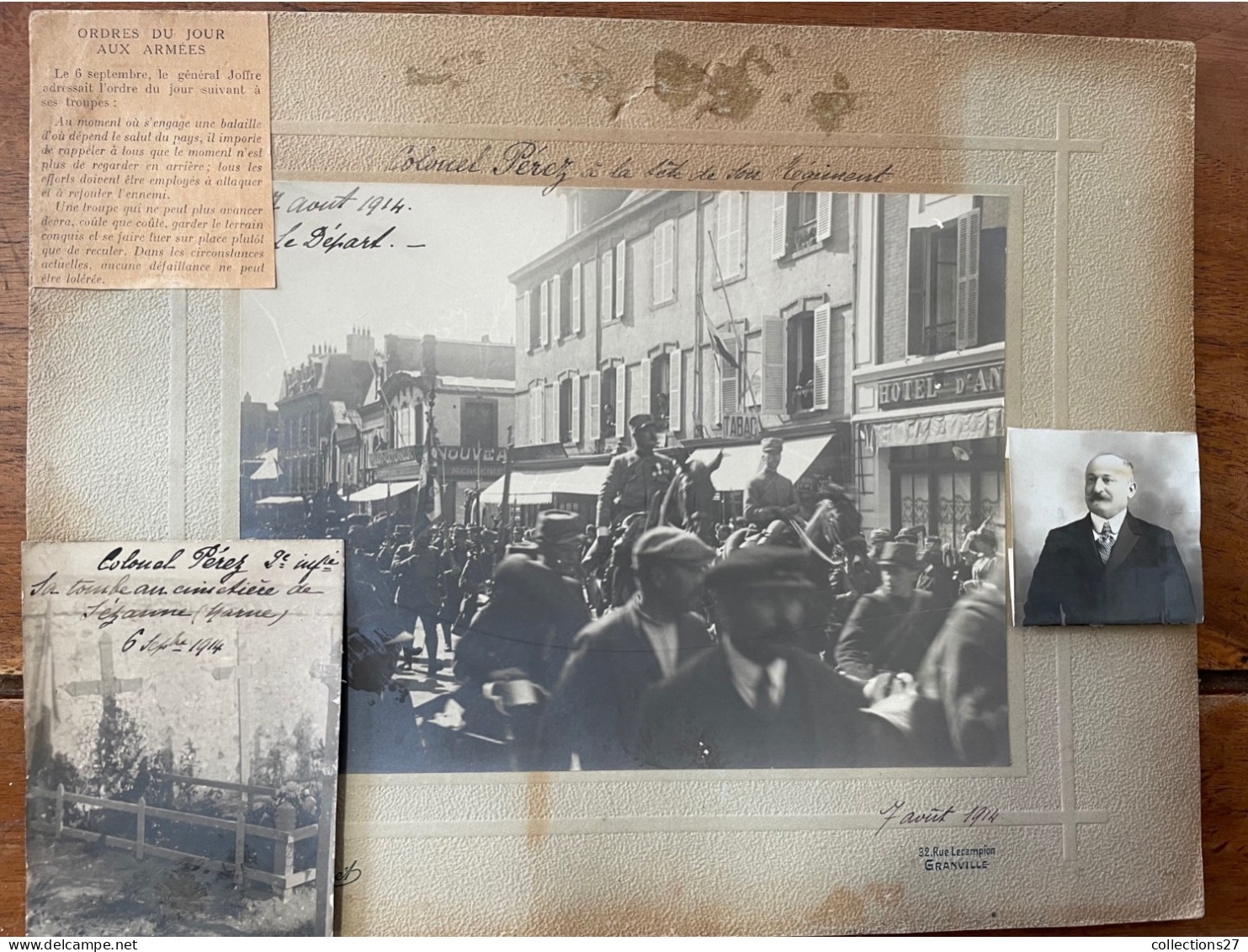 50-GRANVILLE- GRANDE-PHOTO SUR CARTON -DEPART DU COLONEL PEREZ A LA TÊTE DE SON REGt 7/AOUT 1914 - Europa