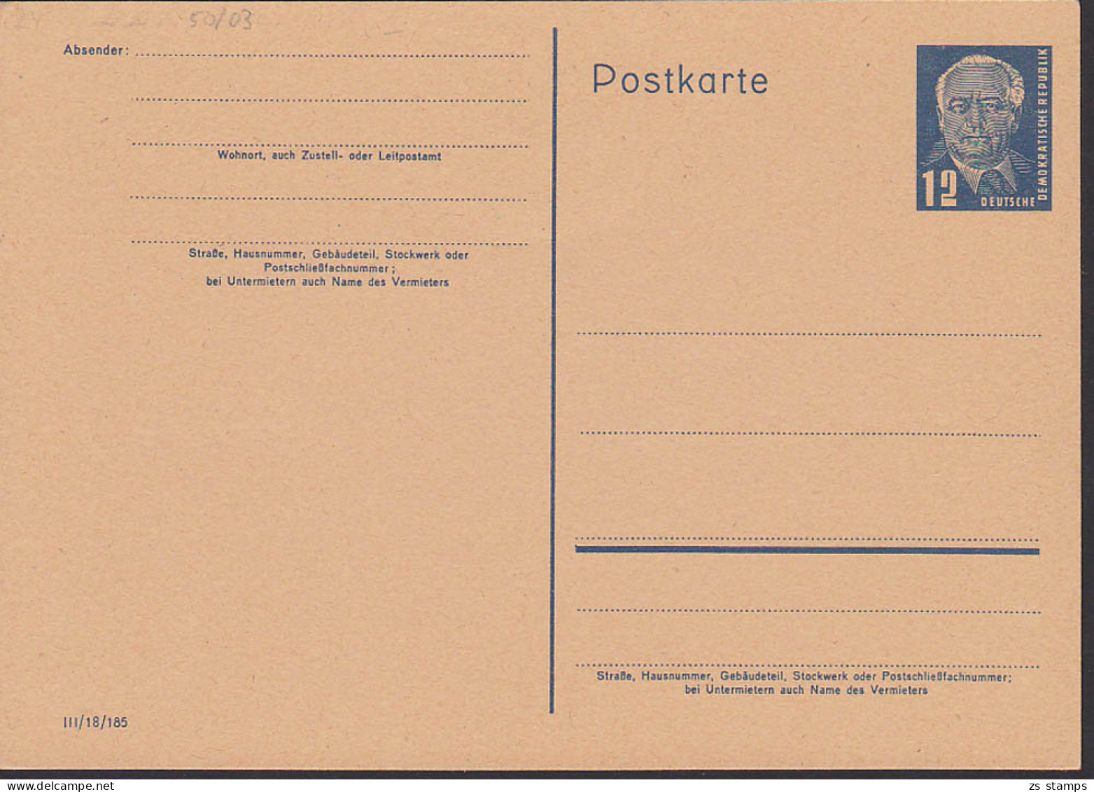 Wilhem Pieck 12 Pfg. GA Ungebraucht P50/03 - Private Postcards - Mint
