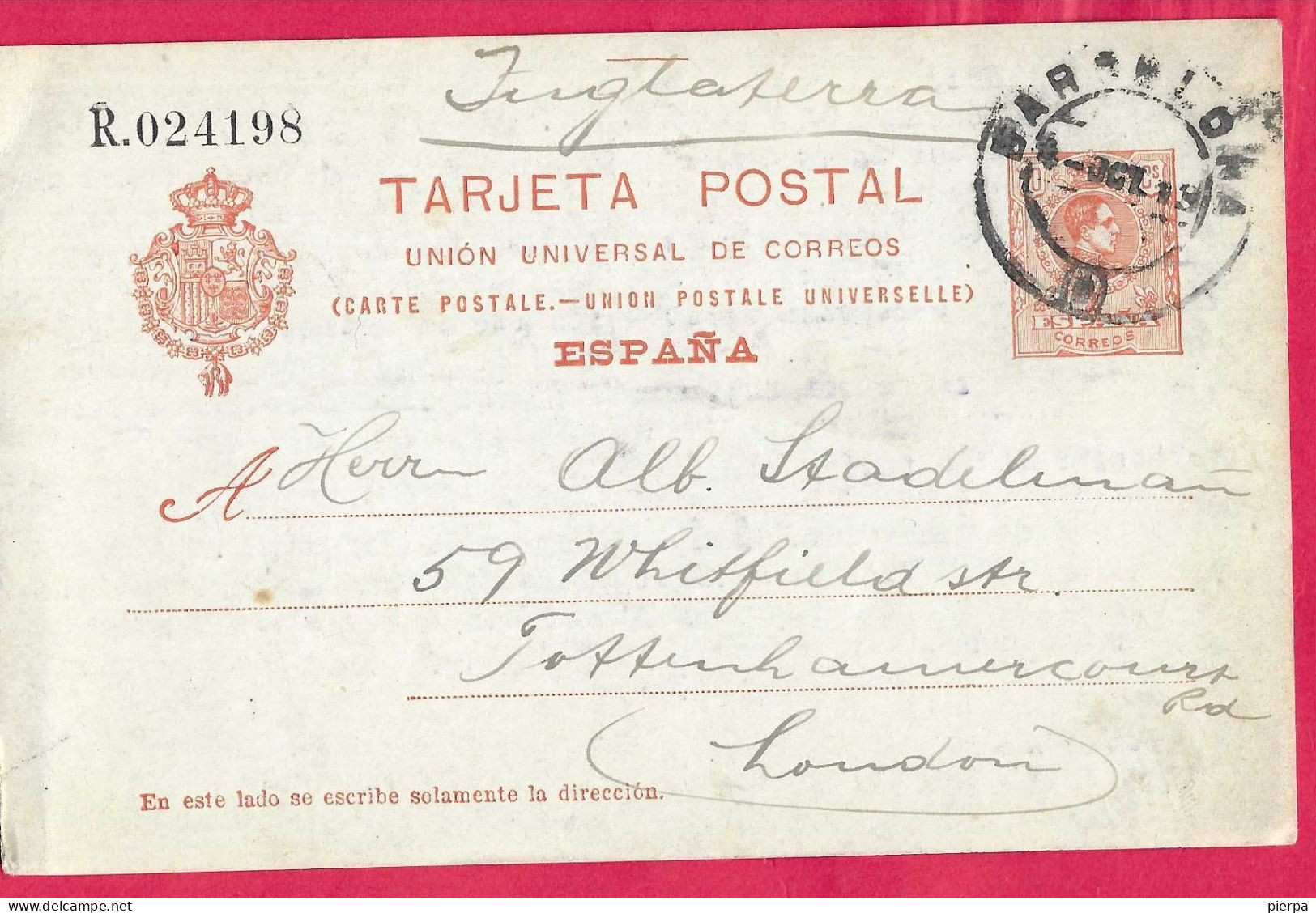 SPAGNA -INTERO CARTOLINA POSTALE ALFONSO 10 C. (MICHEL P49) DA "BARCELONA*3.OCT.13* PER LONDRA - 1850-1931