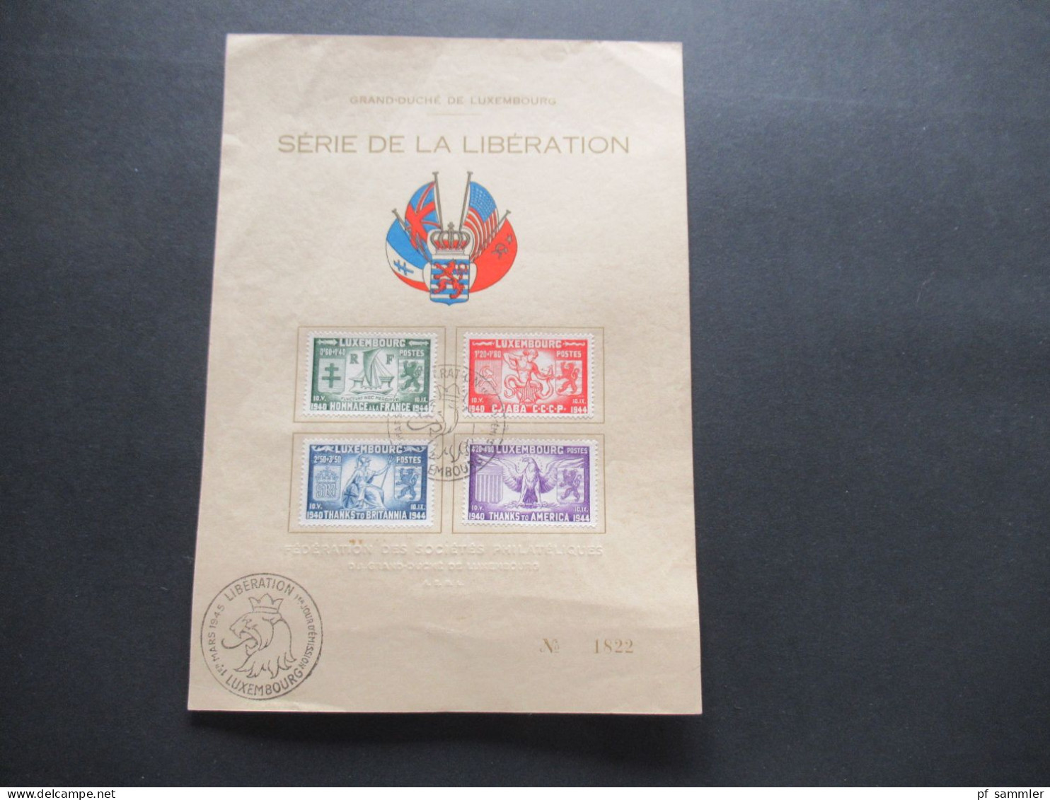 Luxemburg 1.3.1945 Befreiung Luxemburgs Liberation Sonderblatt / Gedenkblatt Mit Mi.Nr.343 / 346 Und Sonderstempel - Briefe U. Dokumente