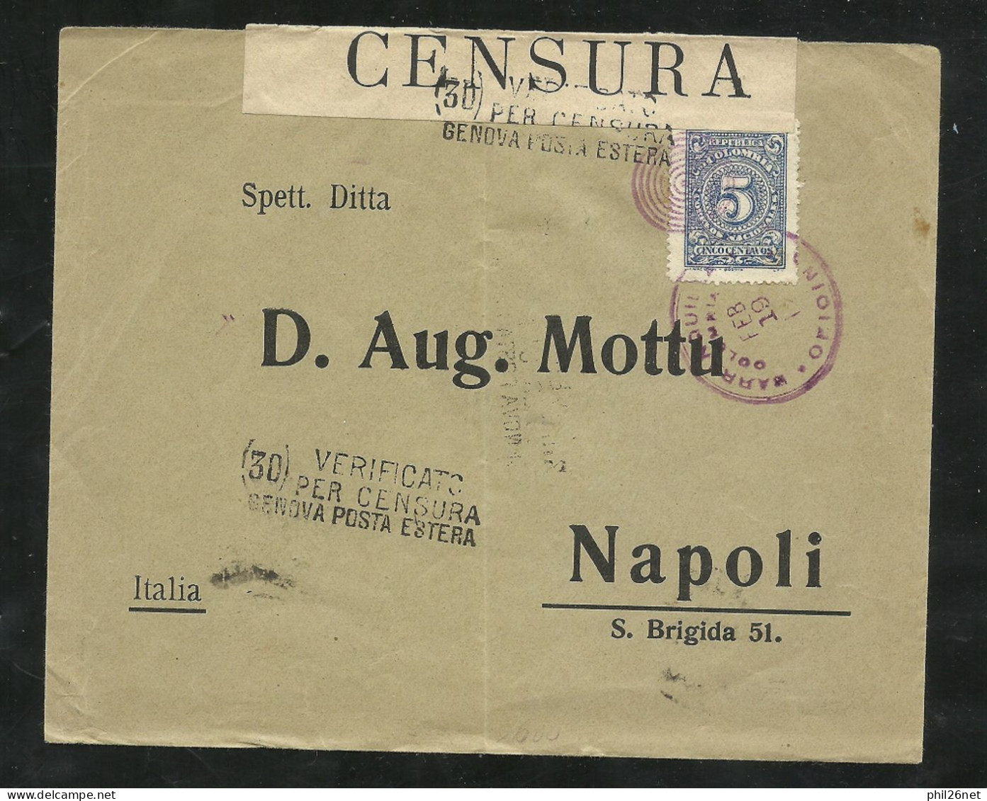 Lettre Par Bateau De Barranquilla 19/02/1916 Le N°188 Seul Pour Naples 21/3/1916 Vérifiée Par La Censure à Gênes (30) TB - Colombia