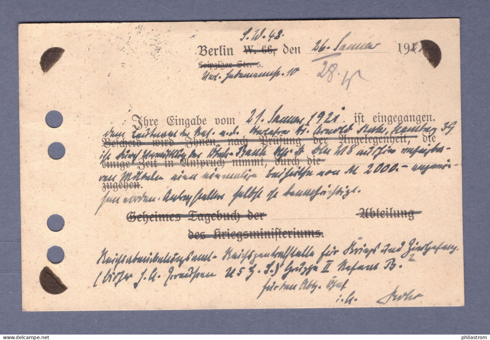 Weimar DIENST Postkarte- Kon. Preuss. Kriegsministerium - Mi 20 - Berlin SW 27.1.21 --> Hamburg (CG13110-233) - Oficial