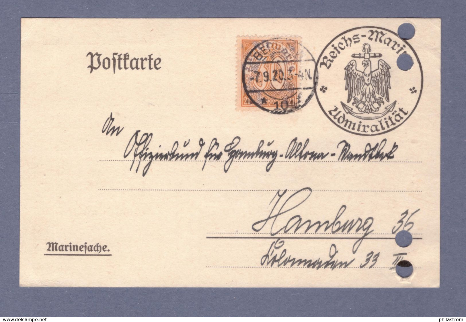 Weimar DIENST Postkarte- MARINESACHE - Reichs-Marine Admiralität - Mi 20 - Berlin SW 7.9.20 --> Hamburg (CG13110-234) - Dienstzegels