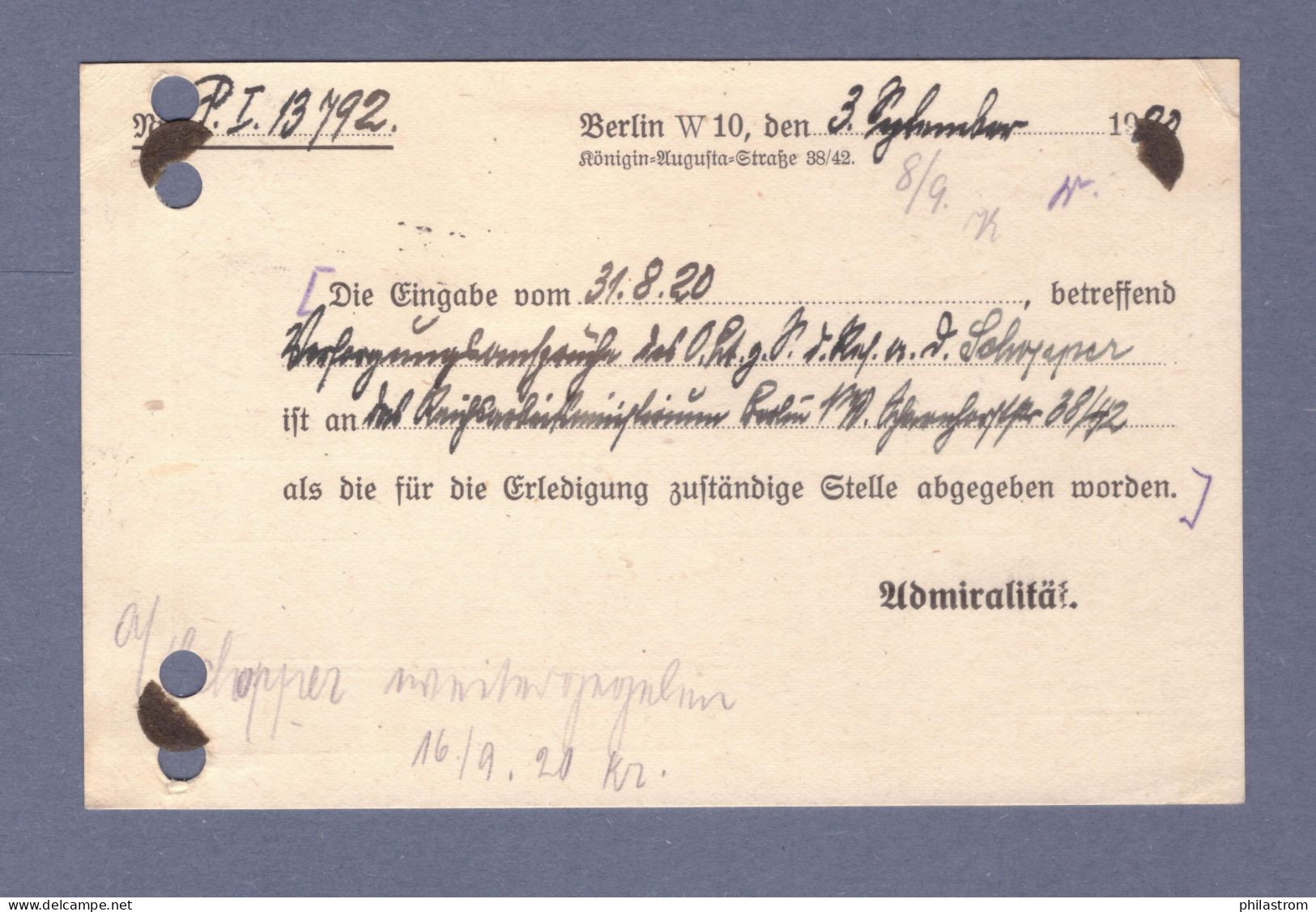 Weimar DIENST Postkarte- MARINESACHE - Reichs-Marine Admiralität - Mi 20 - Berlin SW 7.9.20 --> Hamburg (CG13110-234) - Dienstmarken