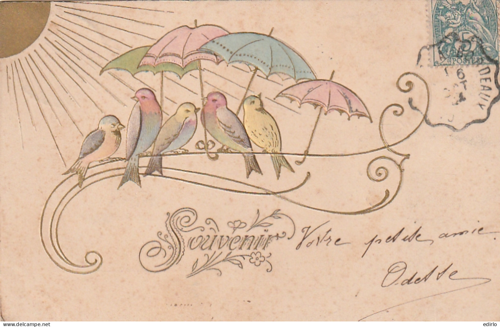 ***  ILLUSTRATEUR  ***  GB PARIS  Relief Et Dorure Oiseau Sous Parapluie Art Nouveau TB Précurseur  - Avant 1900