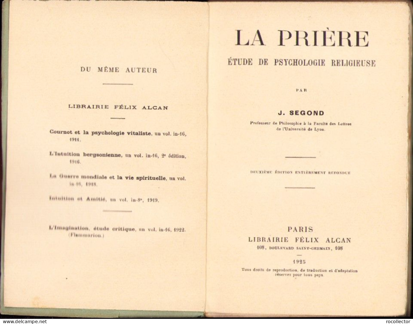La Prière. Etude De Psychologie Religieuse‎ Par J. Segond, 1925, Paris C3445 - Libros Antiguos Y De Colección