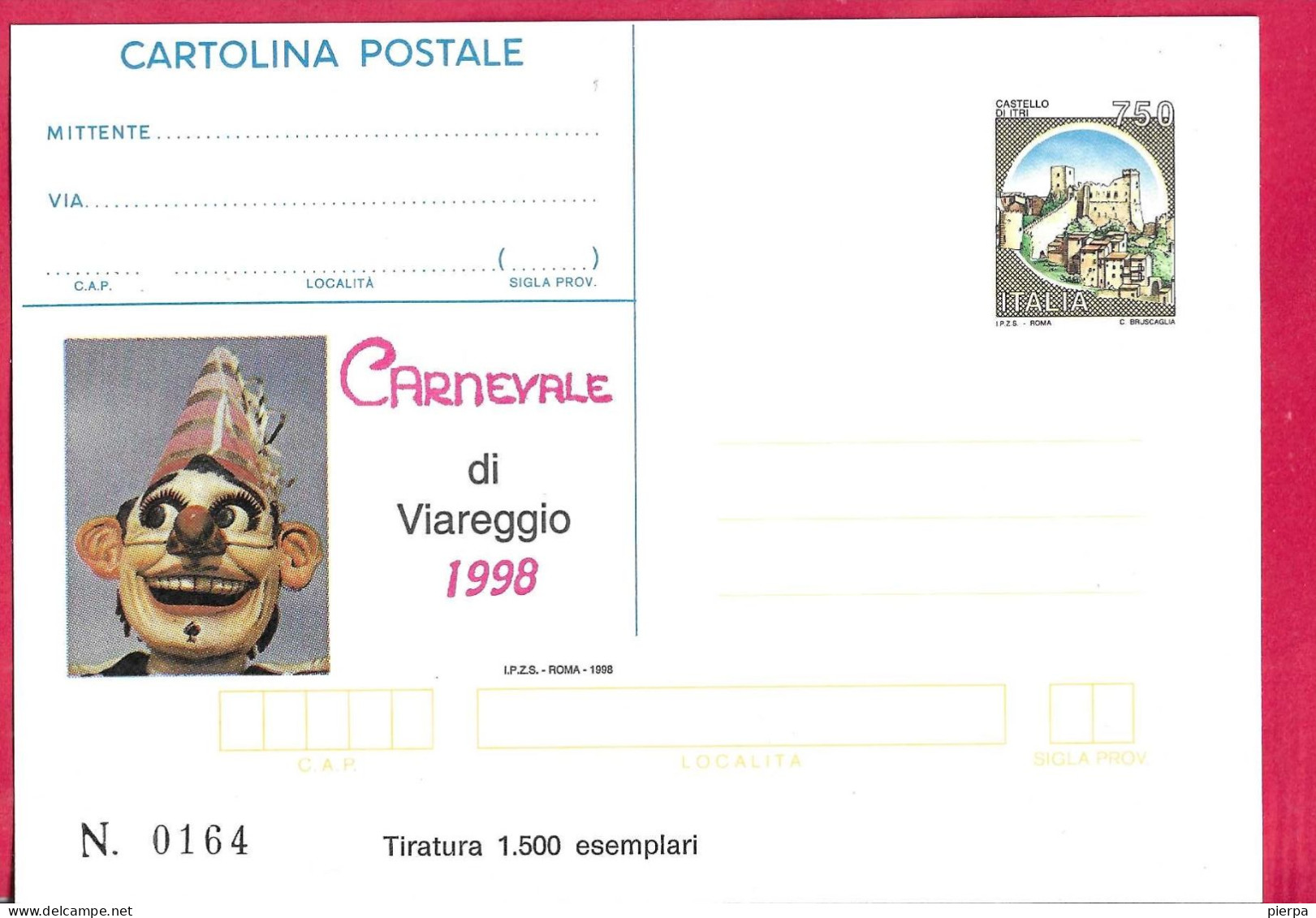 REPIQUAGE - CARNEVALE VIAREGGIO 1998 - INTERO CARTOLINA POSTALE CASTELLI L.750 A TIRATURA LIMITATA - Stamped Stationery