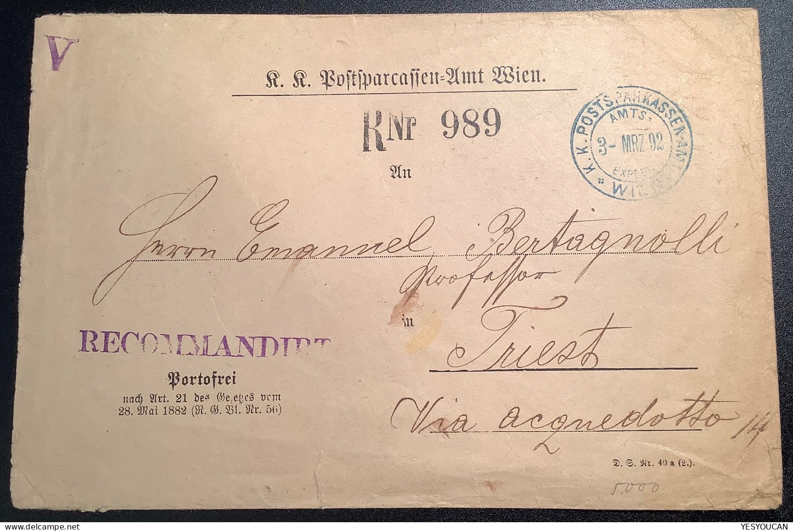 „K.K POSTSPARKASSEN AMT WIEN 1892“selten R-NR STEMPEL  Recommandirt Portofrei Brief (Österreich Postal Saving Bank - Covers & Documents