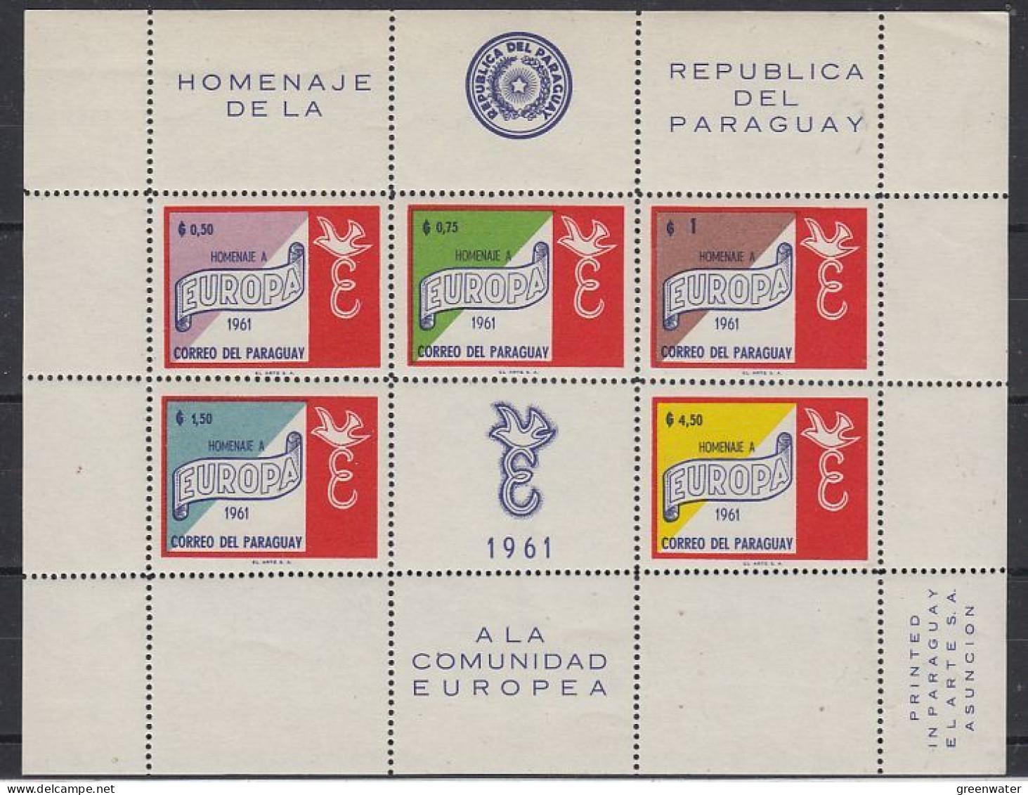 Europa 1961 Paraguay 5v M/s 5v Perforated ** Mnh (59177) - 1961